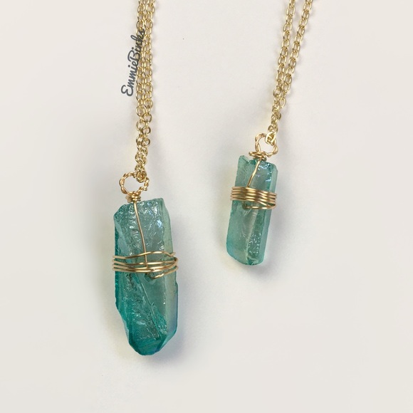 New Vibrant Aqua Green Aura Quartz Crystal Gold Plated Necklace -Crystal Pendant - Picture 7 of 13
